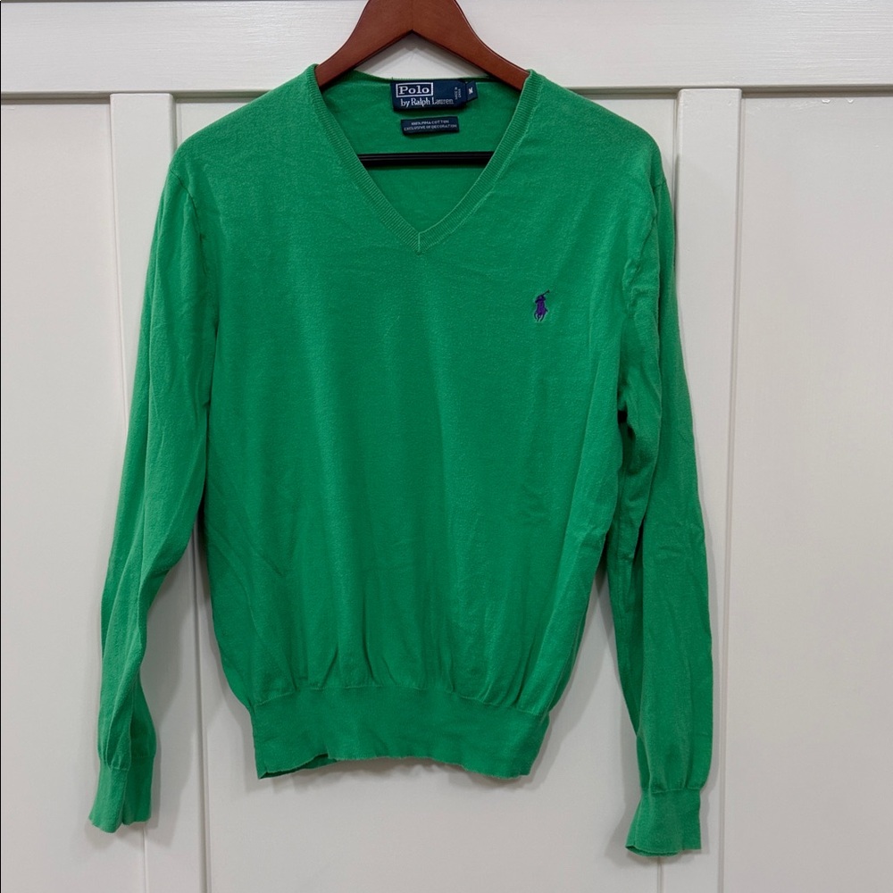Polo by Ralph Lauren Bright Green V-Neck Pima Cotton Sweater Sz M